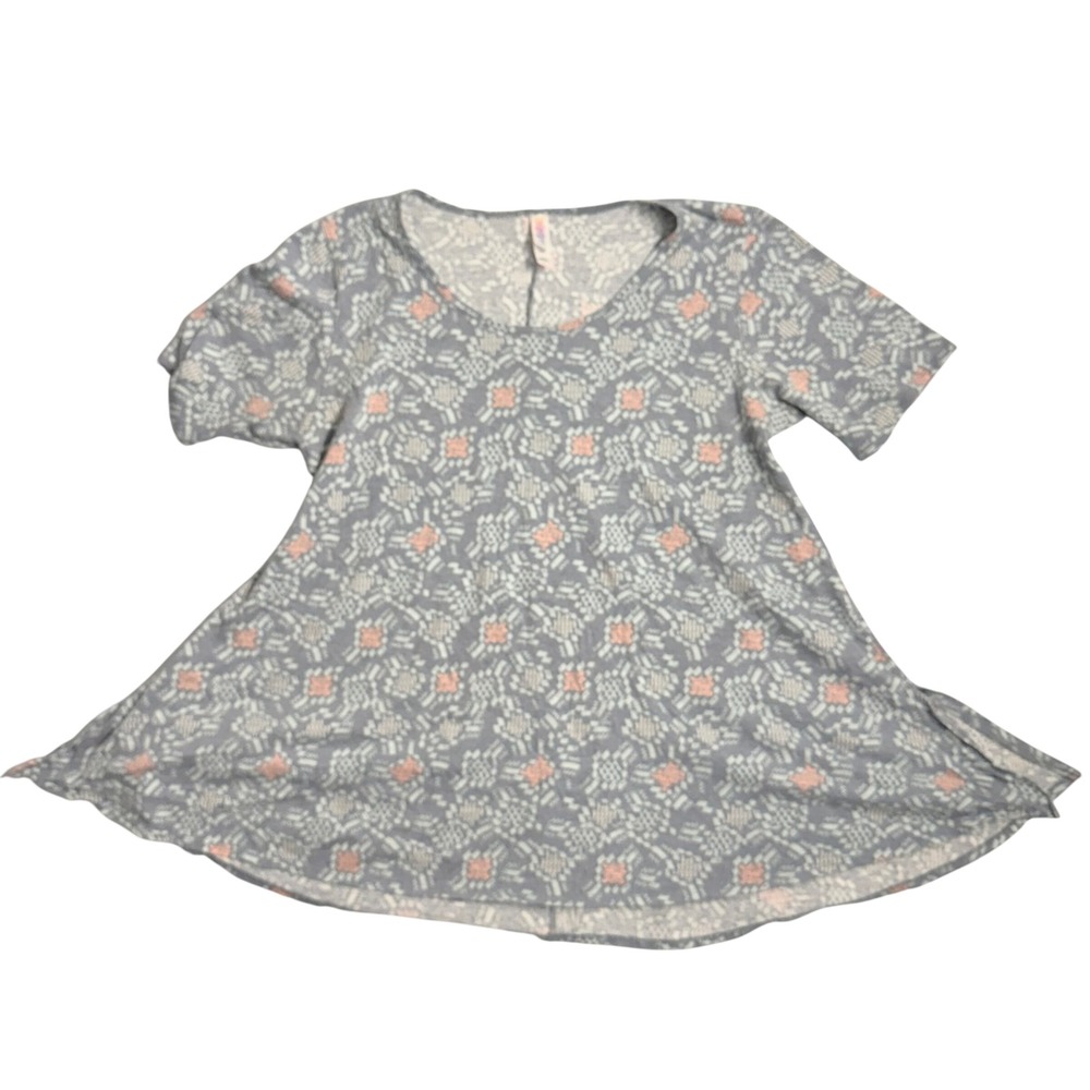 LuLaRoe Blue Gray Floral Print V Neck Short Sleeve Tunic Top Women's Size L